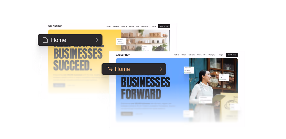 Screenshot of two very similar homepage headers and indicators for which is the default and which is the branch.