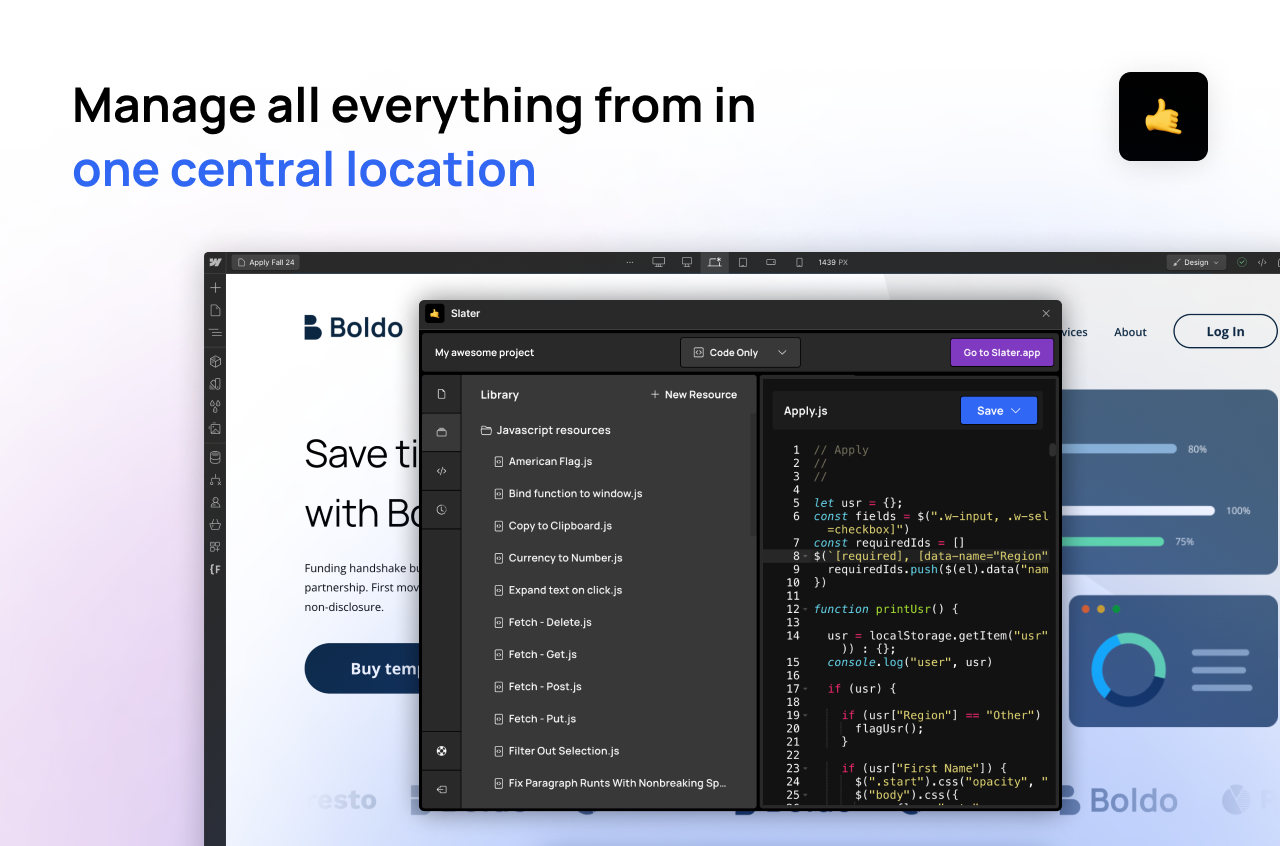 the Slater app in the Webflow designer