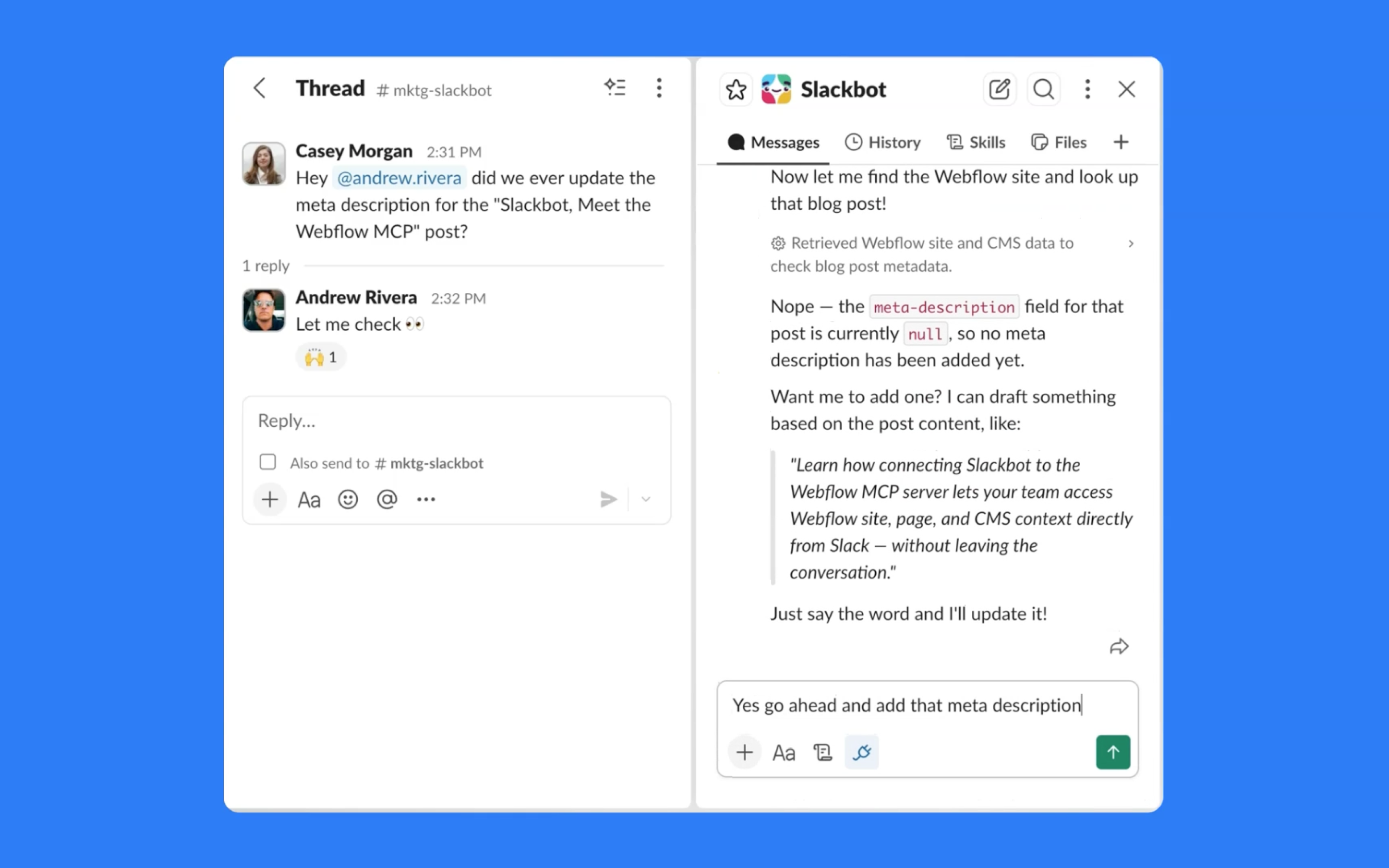 Webflow for Slack will interpret the request
