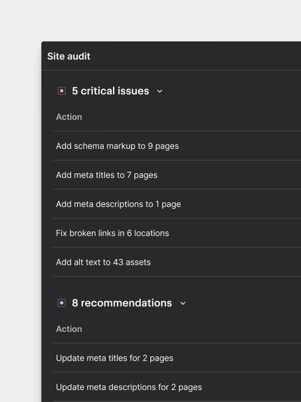 Site audit report showing 5 critical issues including adding schema markup, meta titles, and alt text, and fixing broken links, plus 8 recommendations.