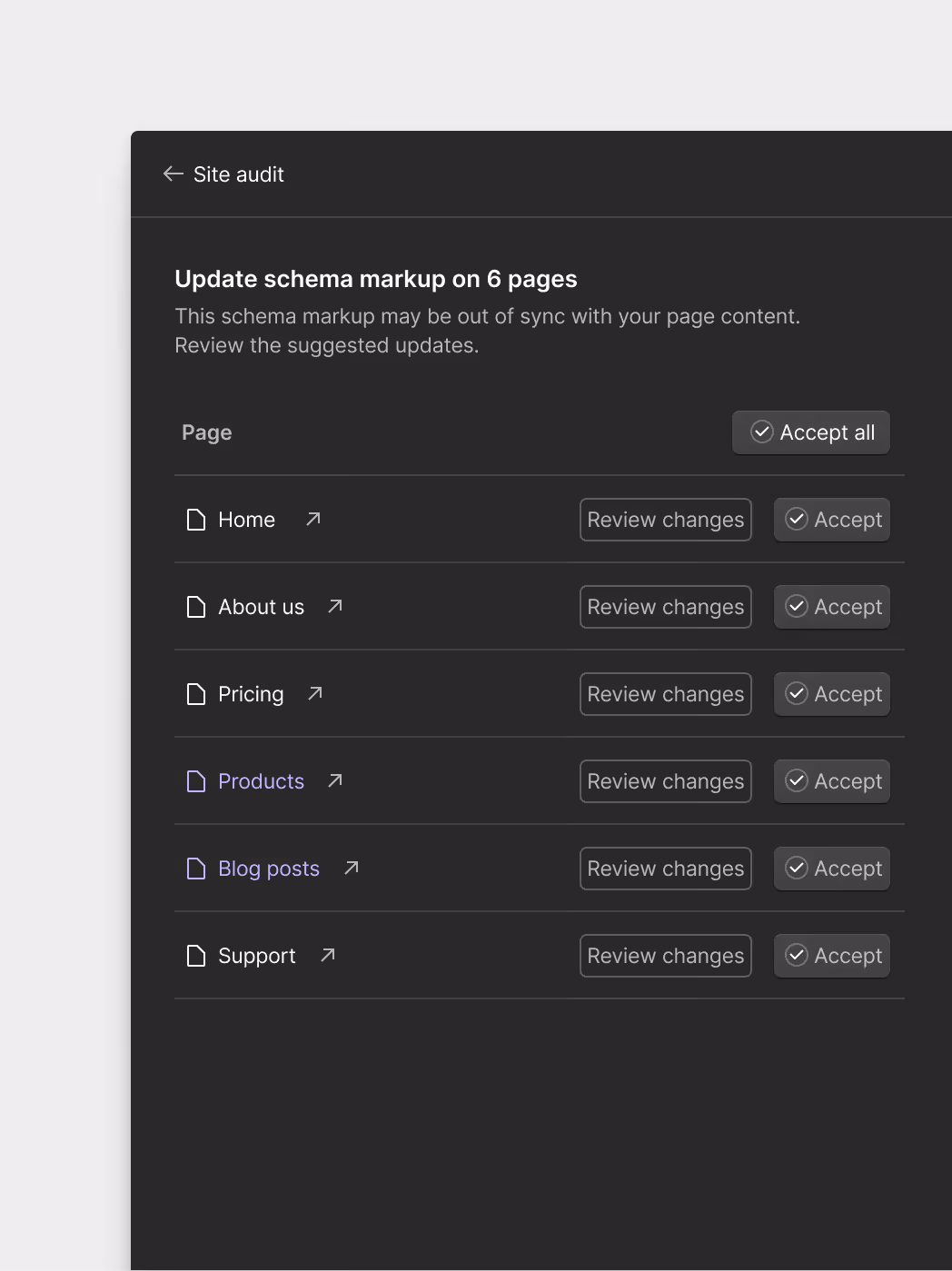 Webflow UI showing an update schema markup notification for 6 pages with options to dismiss or review changes.