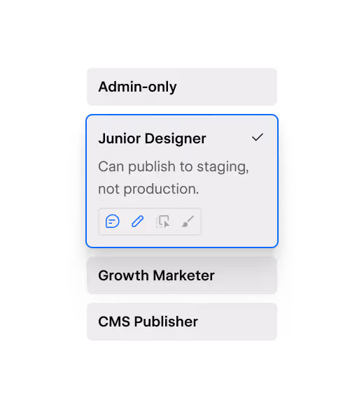 Screenshot of Webflow custom role descriptions including "Junior Designer" and "Growth Marketer".
